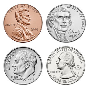 Obverse designs in the 2000s: Lincoln (cent), Jefferson (nickel), Roosevelt (dime), Washington (quarter).