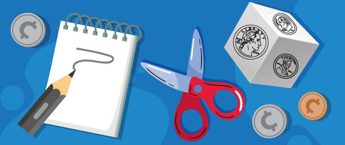 cartoon pencil, notepad, scissors, and coin die