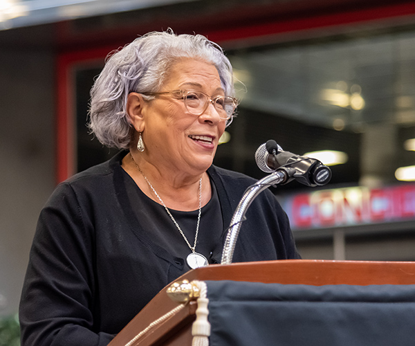 Director Gibson at a podium